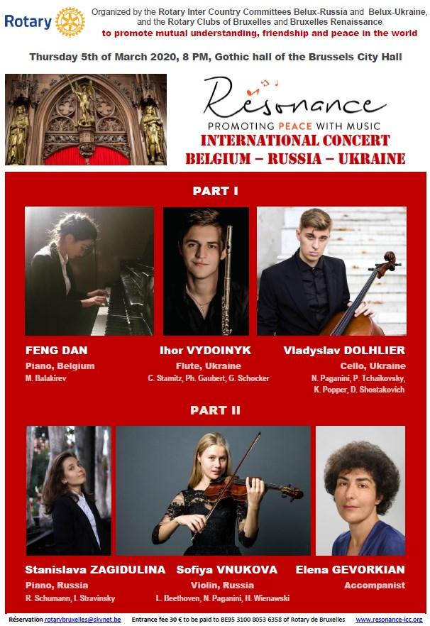 Affiche. Bruxelles. Rotary Résonance. Concert résonance pour la promotion de la paix par la musique. 2020-03-05
